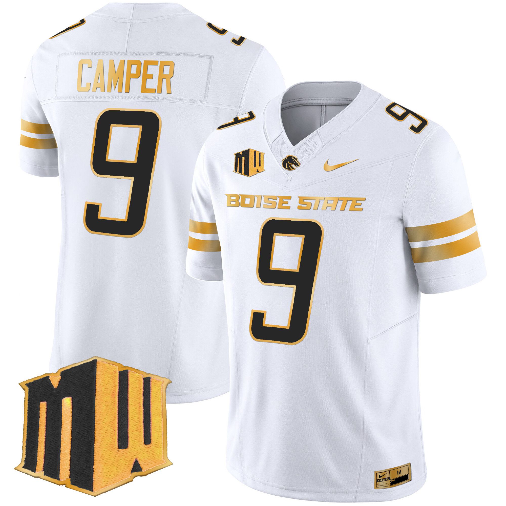 Men Boise State Broncos 9 Camper White Nike 2024 Gold Vapor Limited NCAA Jersey